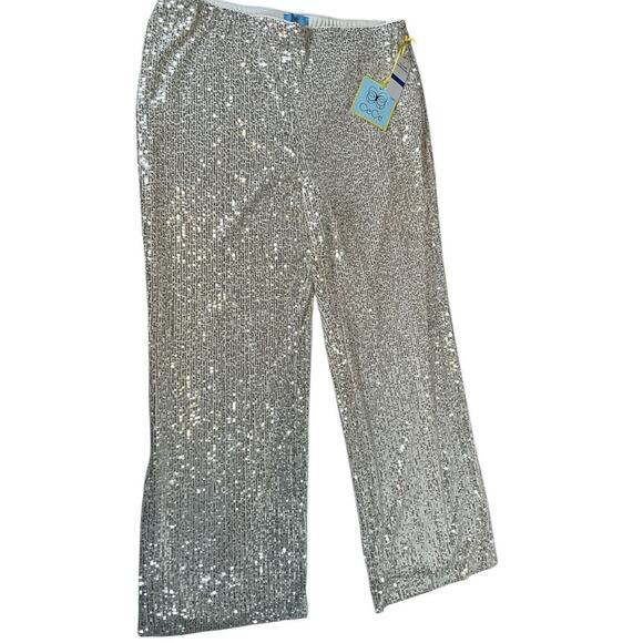 The CeCe Silver Sequin Pants Straight Leg Elastic Waist Band Stretchy X-large - Picture 6 of 14